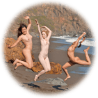 photo captures all three women in mid-air as the leap up